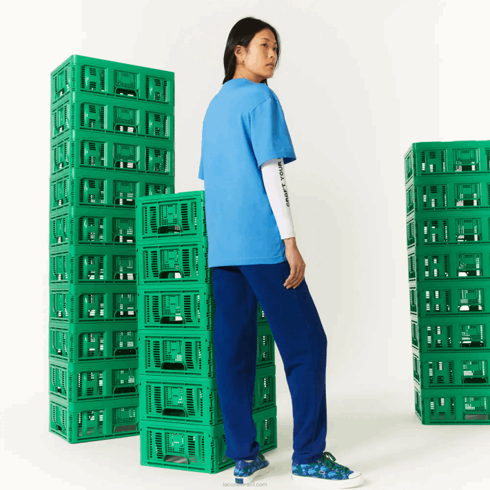 camiseta de algodão orgânico com estampa lacoste x minecraft mulheres azul l99 88BL881 - Image 3