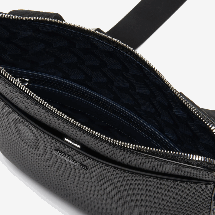 Lacoste bolsa plana chantaco couro piquê fosco com zíper homens preto 000 88BL2039 - Image 5