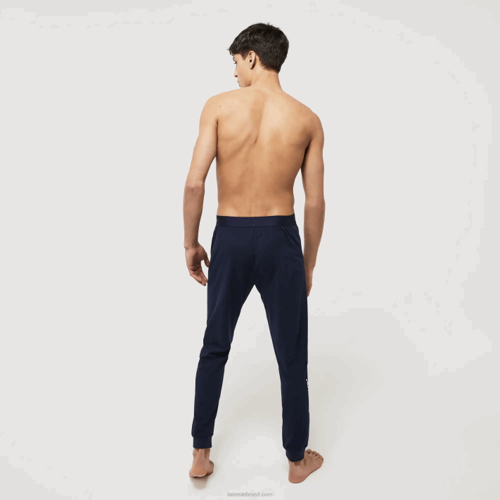 Lacoste calça de pijama de algodão com estampa de crocodilo homens azul marinho branco 525 88BL1456 - Image 3