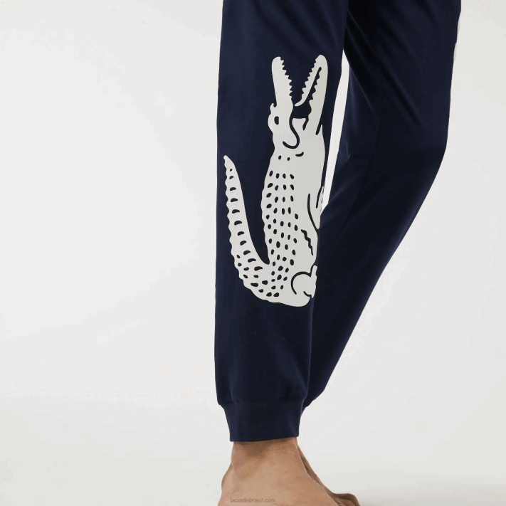 Lacoste calça de pijama de algodão com estampa de crocodilo homens azul marinho branco 525 88BL1456 - Image 4