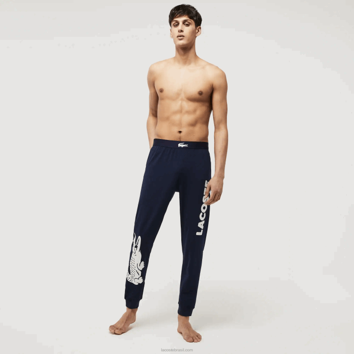 Lacoste calça de pijama de algodão com estampa de crocodilo homens azul marinho branco 525 88BL1456 - Image 1