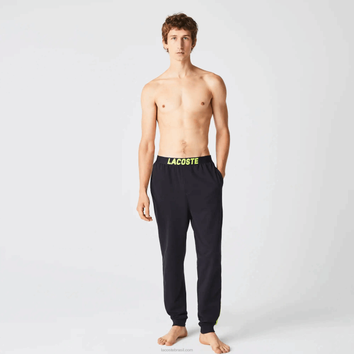 Lacoste calça de pijama de lã com logo oversized homens cinza escuro branco amarelo p44 88BL1566 - Image 6