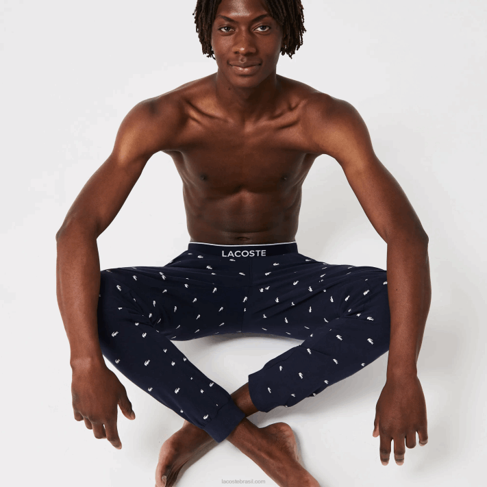 Lacoste calças de pijama de jérsei impressas homens azul marinho branco 525 88BL1385 - Image 2
