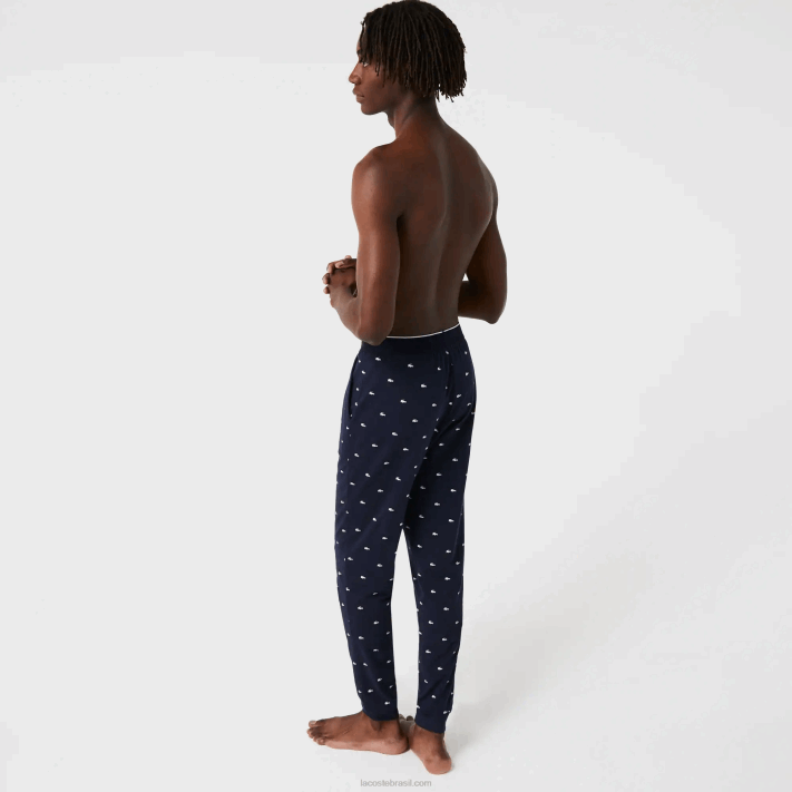 Lacoste calças de pijama de jérsei impressas homens azul marinho branco 525 88BL1385 - Image 3