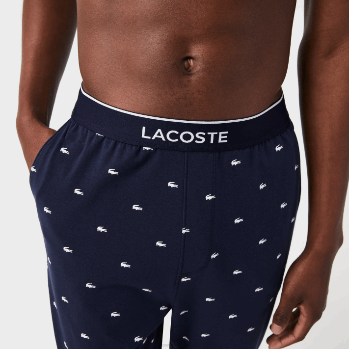 Lacoste calças de pijama de jérsei impressas homens azul marinho branco 525 88BL1385 - Image 4