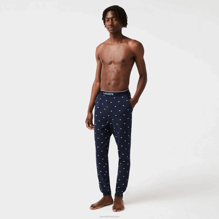 Lacoste calças de pijama de jérsei impressas homens azul marinho branco 525 88BL1385 - Image 1