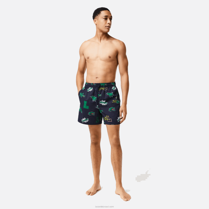 Lacoste calções de banho forrados em malha homens qrn branco azul marinho 88BL1670 - Image 1