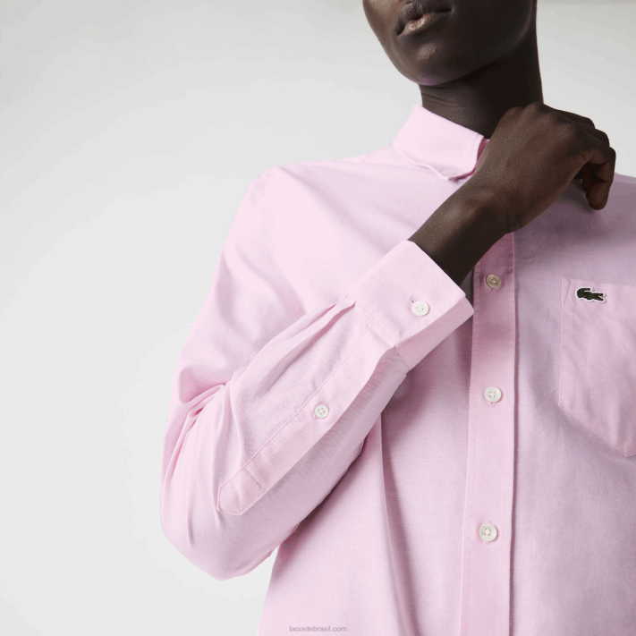 Lacoste camisa de algodão oxford de ajuste regular homens rosa claro 88BL1468 - Image 6