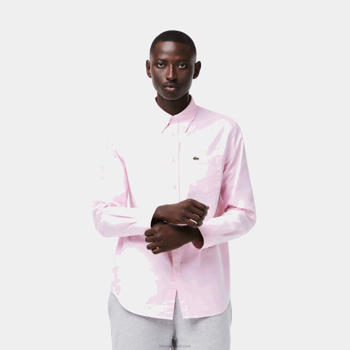 Lacoste camisa de algodão oxford de ajuste regular homens rosa claro 88BL1468 - Image 1