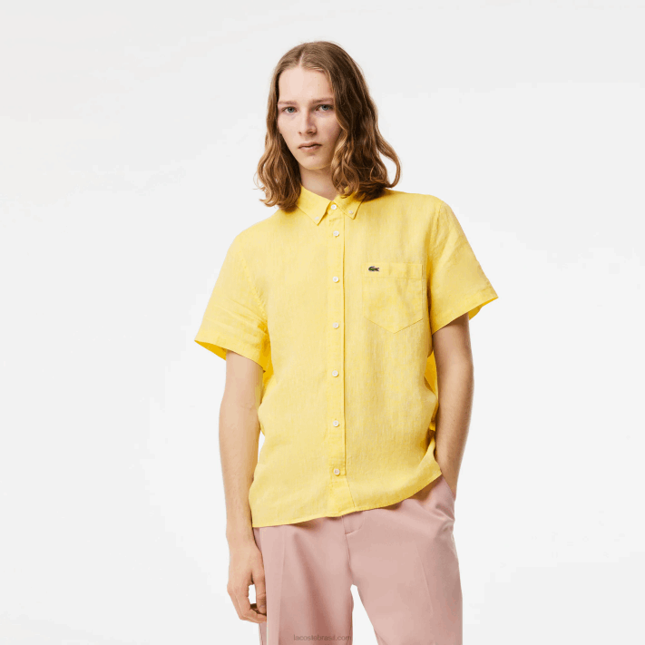 lacoste_camisa_de_linho_manga_curta_homens_amarelo_107_88bl496.png Lacoste camisa de linho manga curta homens amarelo 107 88BL496 - Image 1