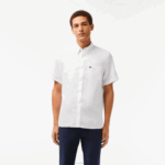 Lacoste camisa de linho manga curta homens branco 001 88BL490