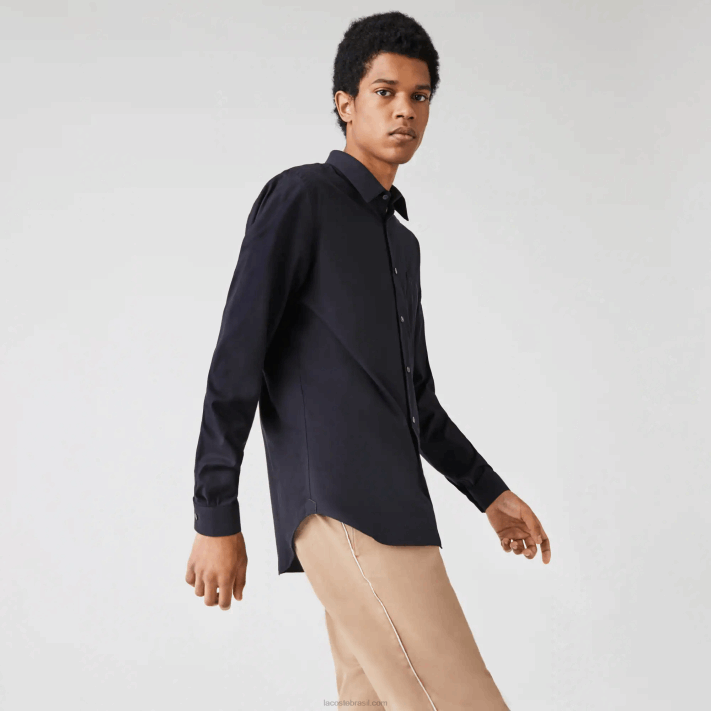 Lacoste camisa de popeline de algodão de ajuste regular homens azul marinho hde 88BL1613 - Image 2