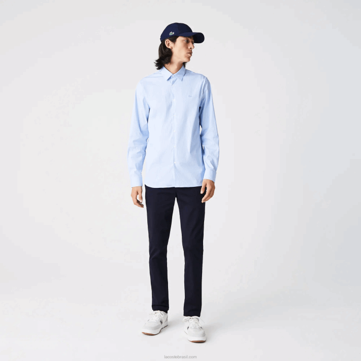 Lacoste camisa de popeline listrada slim fit homens branco azul f6z 88BL400 - Image 2