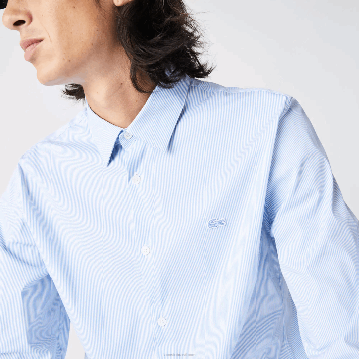 Lacoste camisa de popeline listrada slim fit homens branco azul f6z 88BL400 - Image 6