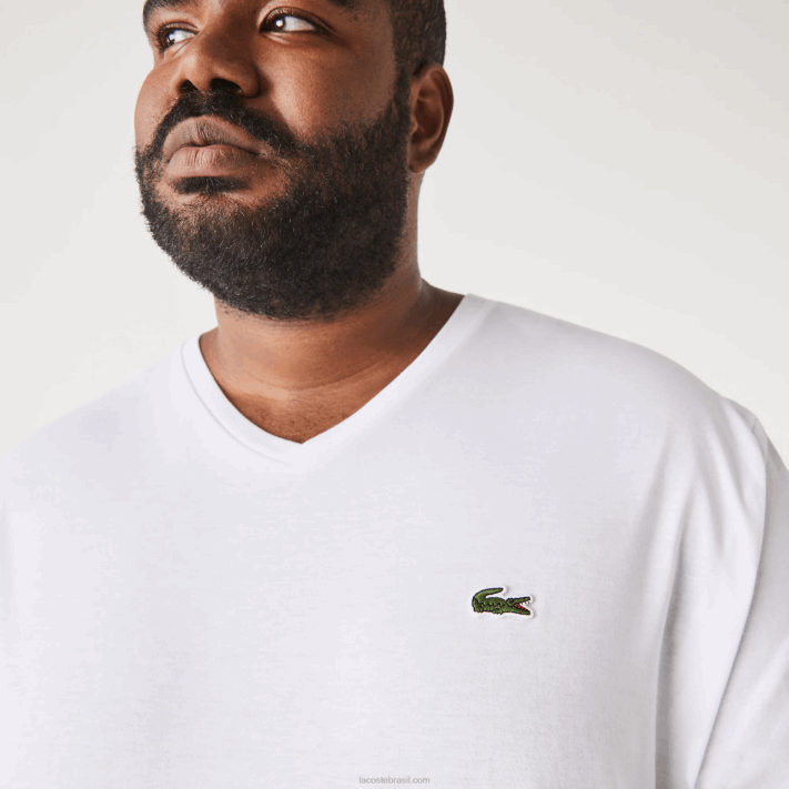 Lacoste camisa polo de algodão com decote em v canelado regular fit (tamanho grande) homens branco 001 88BL707 - Image 4