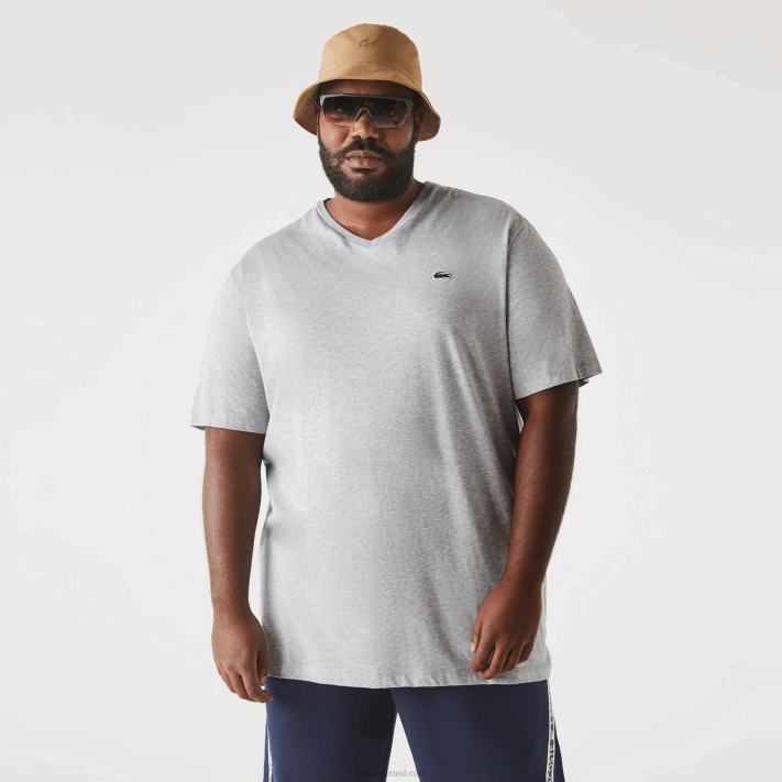 Lacoste camisa polo de algodão com decote em v canelado regular fit (tamanho grande) homens chine cinza cca 88BL765 - Image 4