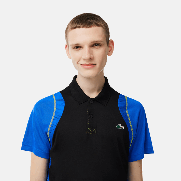 Lacoste camisa pólo de poliéster reciclado de tênis homens preto azul amarelo xis 88BL85 - Image 2