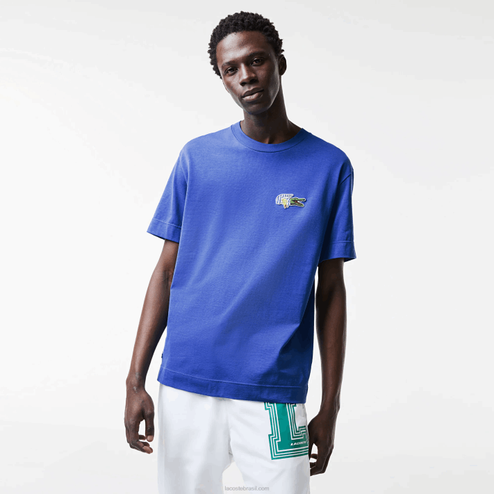 Lacoste camiseta com distintivo de efeito cômico de ajuste relaxado homens azul k1q 88BL742 - Image 1