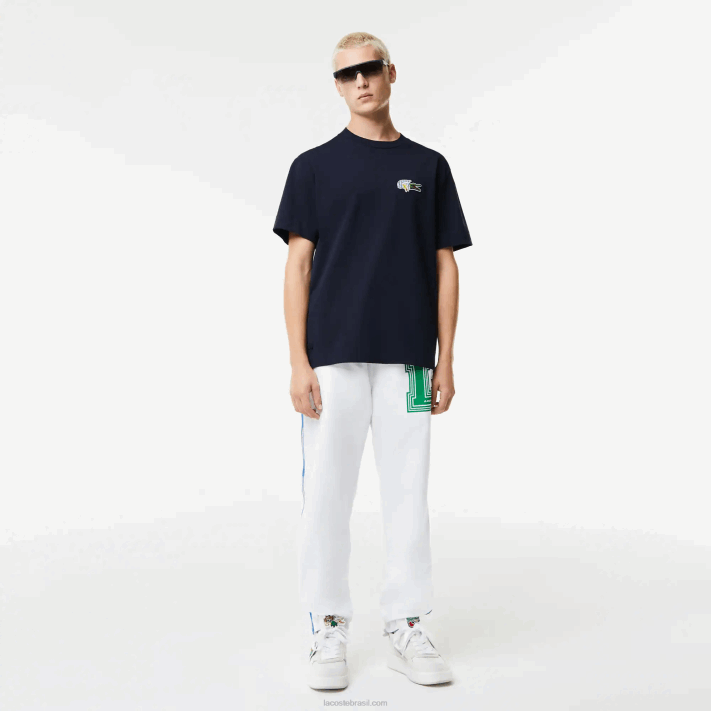 Lacoste camiseta com distintivo de efeito cômico de ajuste relaxado homens azul marinho 166 88BL741 - Image 2