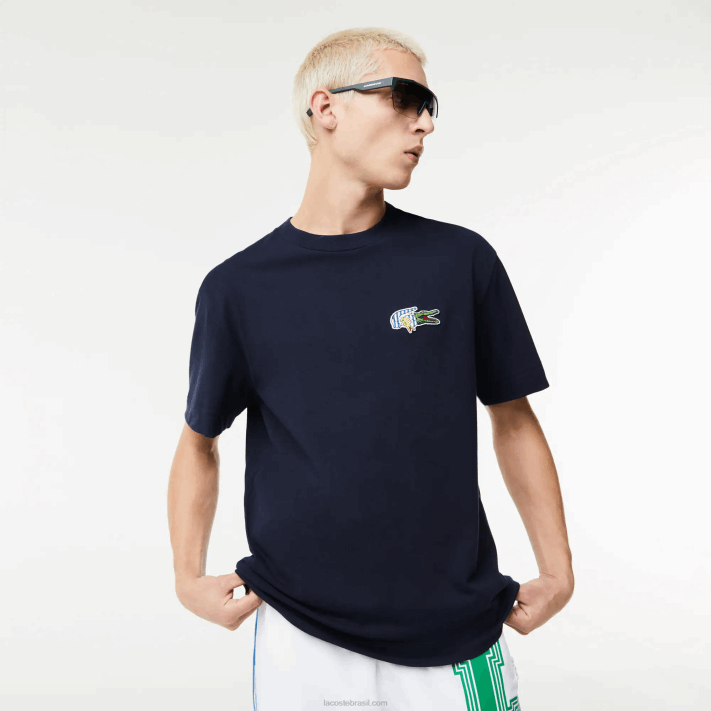 Lacoste camiseta com distintivo de efeito cômico de ajuste relaxado homens azul marinho 166 88BL741 - Image 1
