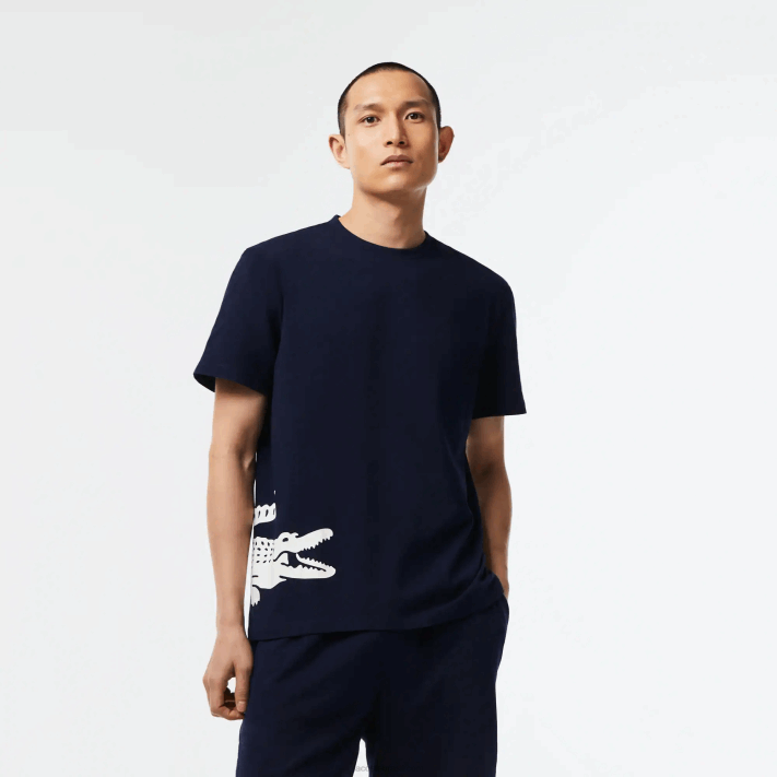 Lacoste camiseta de algodão com estampa contrastante homens azul marinho branco 525 88BL495 - Image 1