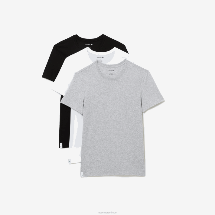 Lacoste camiseta de algodão com gola redonda pacote com 3 homens branco cinza chine preto bxy 88BL1349 - Image 4