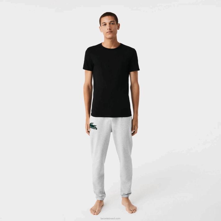 Lacoste camiseta de algodão com gola redonda pacote com 3 homens branco cinza chine preto bxy 88BL1349 - Image 6