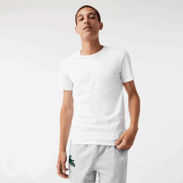 Lacoste camiseta de algodão com gola redonda pacote com 3 homens branco cinza chine preto bxy 88BL1349 - Image 1