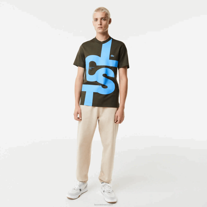 Lacoste camiseta de algodão com letras contrastantes de ajuste regular homens verde caqui s7t 88BL567 - Image 2