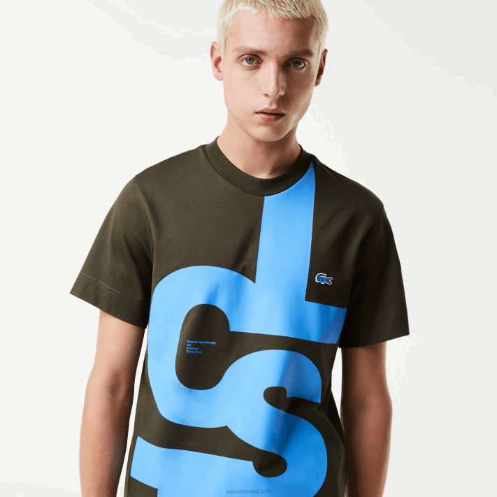 Lacoste camiseta de algodão com letras contrastantes de ajuste regular homens verde caqui s7t 88BL567 - Image 1