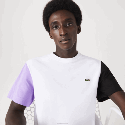 Lacoste camiseta de jérsei de algodão colorblock de ajuste regular homens branco roxo preto uwx 88BL813