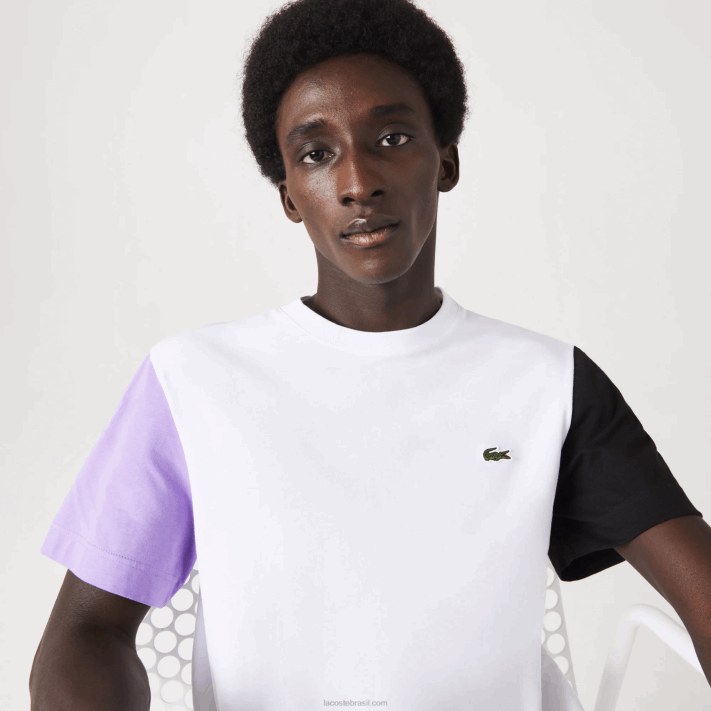 Lacoste camiseta de jérsei de algodão colorblock de ajuste regular homens branco roxo preto uwx 88BL813 - Image 1