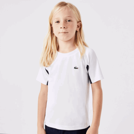 Lacoste camiseta de tênis color block esportiva crianças branco azul marinho branco y2u 88BL3154
