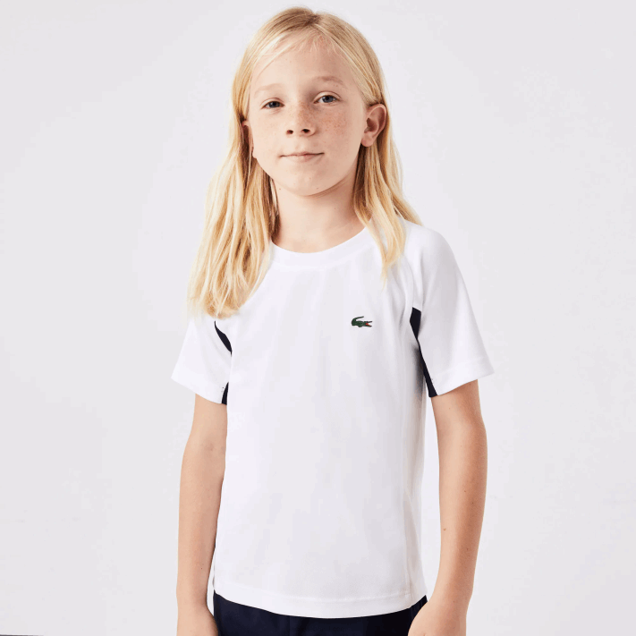 Lacoste camiseta de tênis color block esportiva crianças branco azul marinho branco y2u 88BL3154 - Image 1