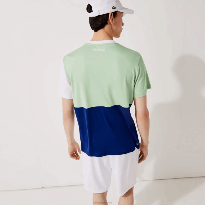 Lacoste camiseta esporte tricolor respirável light piquê homens branco verde azul marinho branco cmn 88BL908 - Image 3