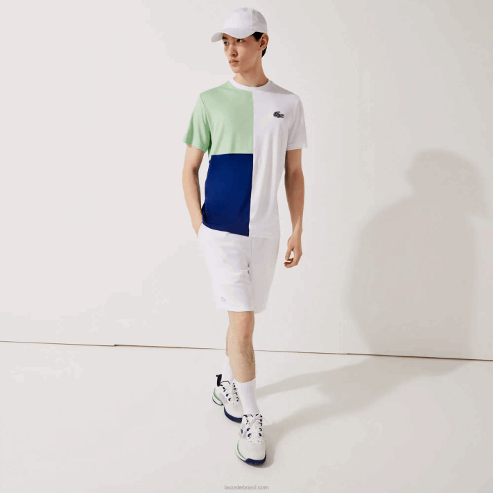 Lacoste camiseta esporte tricolor respirável light piquê homens branco verde azul marinho branco cmn 88BL908 - Image 4