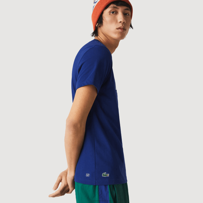 Lacoste camiseta esportiva respirável com estampa de tênis decote careca homens azul branco gtd 88BL794 - Image 2