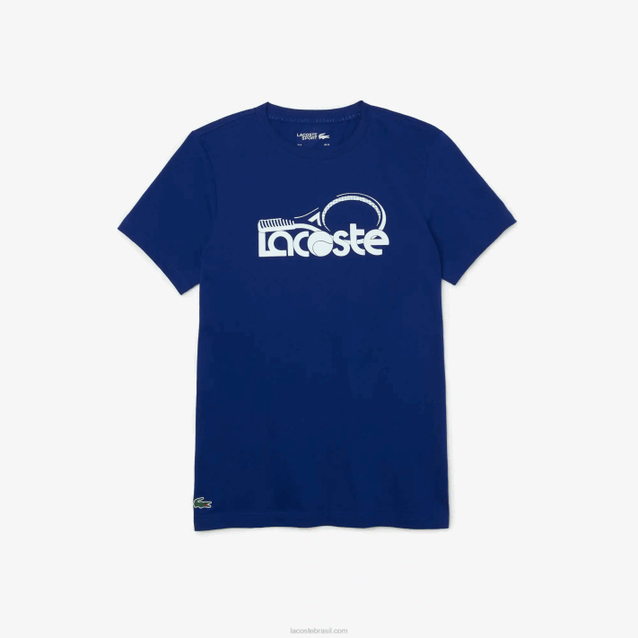 Lacoste camiseta esportiva respirável com estampa de tênis decote careca homens azul branco gtd 88BL794 - Image 4