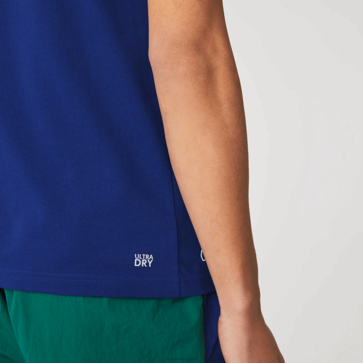 Lacoste camiseta esportiva respirável com estampa de tênis decote careca homens azul branco gtd 88BL794 - Image 5