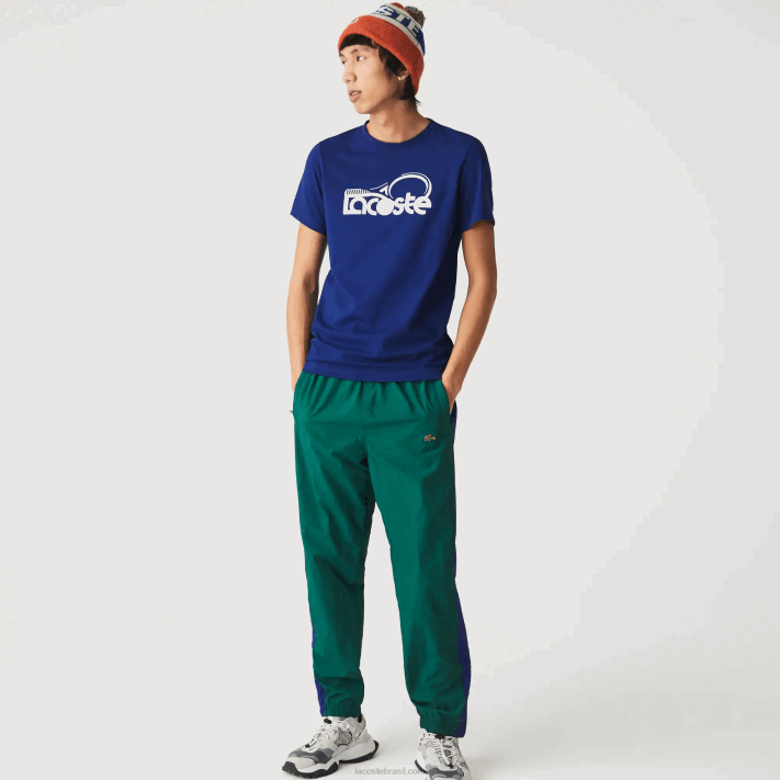 Lacoste camiseta esportiva respirável com estampa de tênis decote careca homens azul branco gtd 88BL794 - Image 6