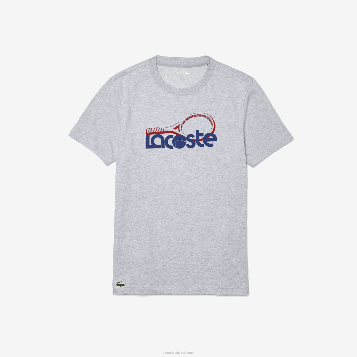 Lacoste camiseta esportiva respirável com estampa de tênis decote careca homens cinza chine azul vermelho 7ku 88BL793 - Image 4