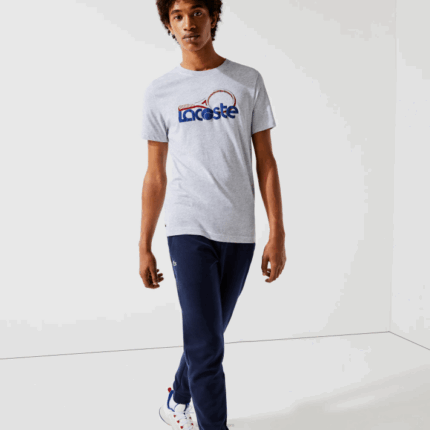 Lacoste camiseta esportiva respirável com estampa de tênis decote careca homens cinza chine azul vermelho 7ku 88BL793