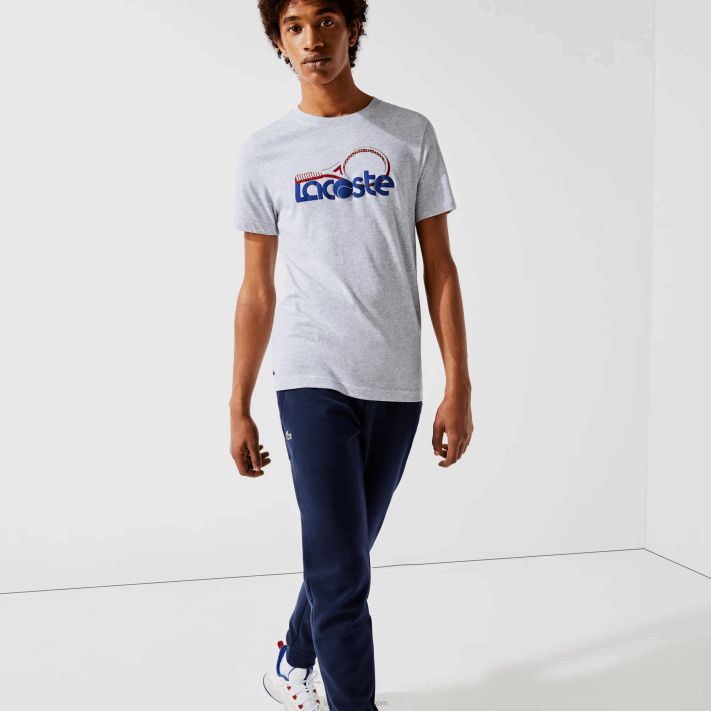 Lacoste camiseta esportiva respirável com estampa de tênis decote careca homens cinza chine azul vermelho 7ku 88BL793 - Image 1