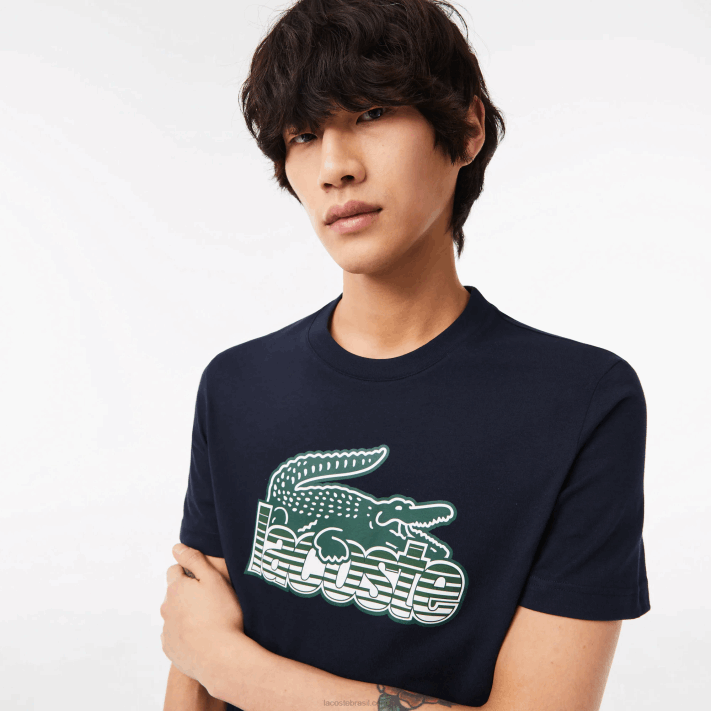 Lacoste camiseta estampada em jersey de algodão homens azul marinho 166 88BL64 - Image 2