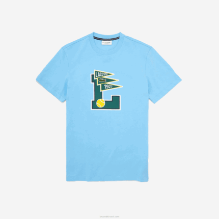 Lacoste camiseta gola redonda flâmulas l badge algodão homens azul claro 709 88BL915