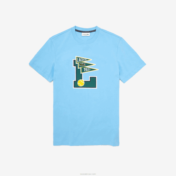 Lacoste camiseta gola redonda flâmulas l badge algodão homens azul claro 709 88BL915 - Image 1