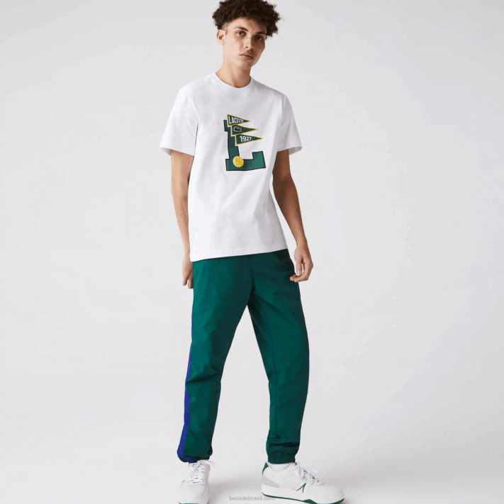 Lacoste camiseta gola redonda flâmulas l badge algodão homens branco 001 88BL914 - Image 2