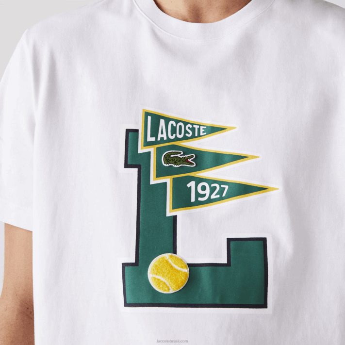 Lacoste camiseta gola redonda flâmulas l badge algodão homens branco 001 88BL914 - Image 4