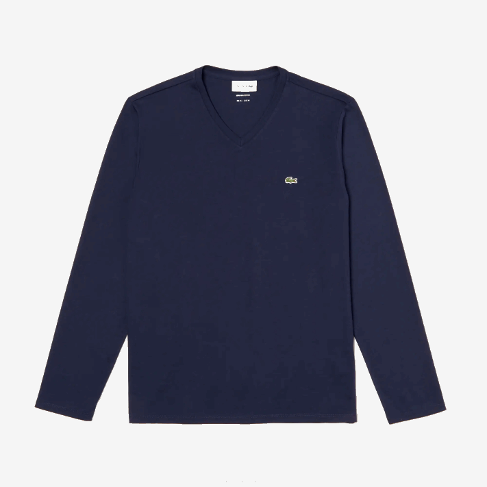 Lacoste camiseta leve de algodão pima com decote em v homens azul marinho 166 88BL674 - Image 4