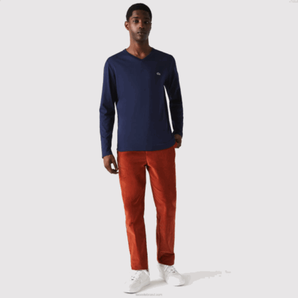 Lacoste camiseta leve de algodão pima com decote em v homens azul marinho 166 88BL674